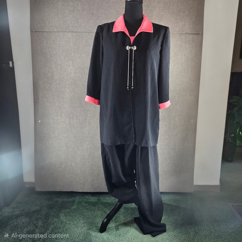 R&M Richards Women 12P Black Coral Pinstripe Clasp Longline Jacket Pant Suit
